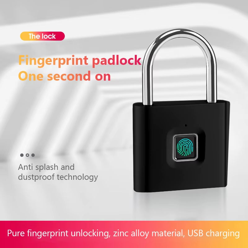 Keyless Smart USB Charging Fingerprint Lock Smart Padlock Waterproof Door Lock 0.3Sec Unlock Portable Anti-Theft Padlock Zinc