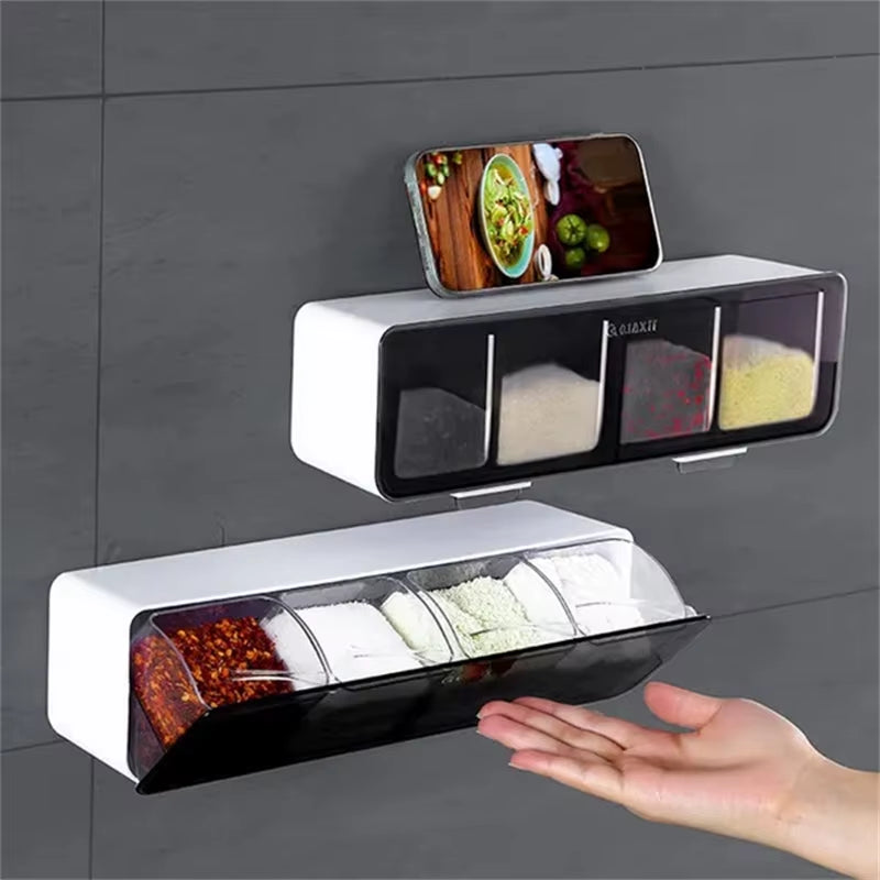 4 in 1 Seasoning Box Combination Set Wall-Mounted Seasoning Storage Box Sugar Salt Spices Container Organizer Kitchen Supplies