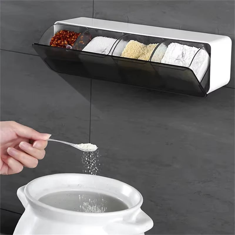 4 in 1 Seasoning Box Combination Set Wall-Mounted Seasoning Storage Box Sugar Salt Spices Container Organizer Kitchen Supplies