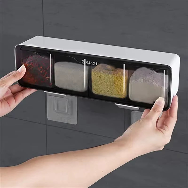 4 in 1 Seasoning Box Combination Set Wall-Mounted Seasoning Storage Box Sugar Salt Spices Container Organizer Kitchen Supplies