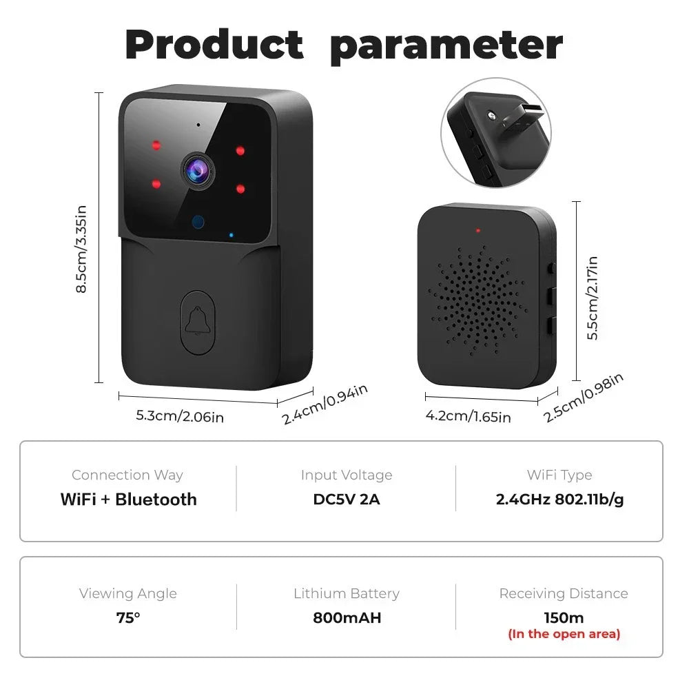 Tuya Wifi Doorbell, Wireless Camera Bell for Home Security, Compatible with Alexa & Google, Dc/Ac/Battery Powered