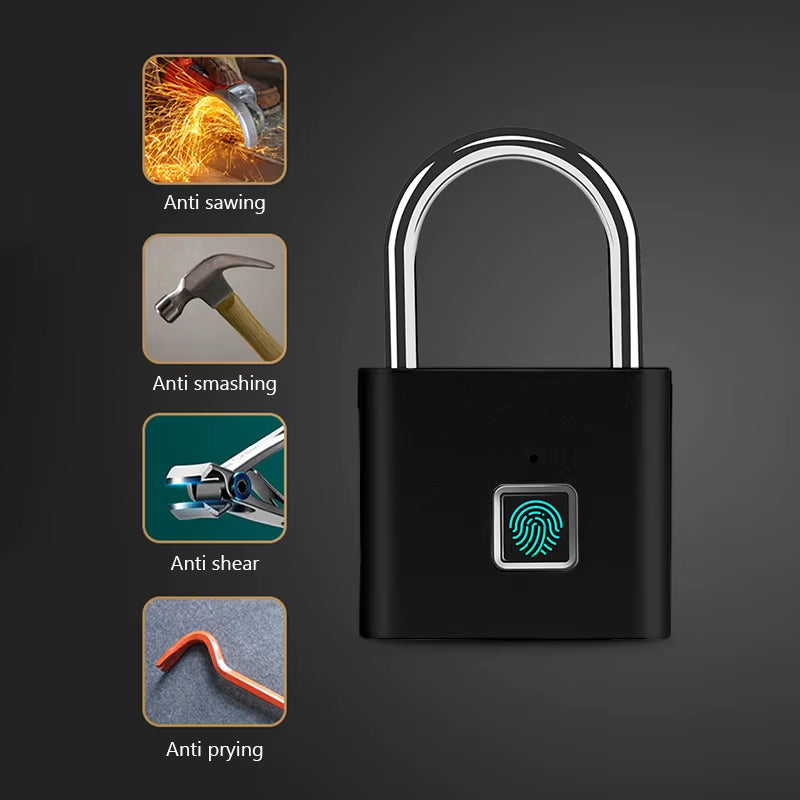 Keyless Smart USB Charging Fingerprint Lock Smart Padlock Waterproof Door Lock 0.3Sec Unlock Portable Anti-Theft Padlock Zinc